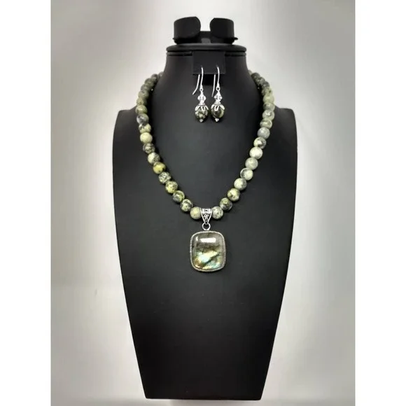 Shades of Green Serpentine Necklace and Earrings Focal Sterling Silver Pendant